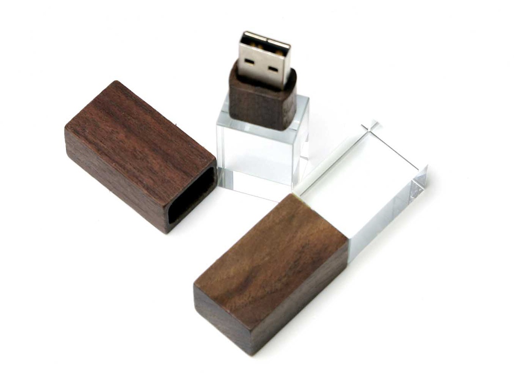 USB-флешка на 16 Гб прямоугольной формы, под гравировку 3D логотипа, материал стекло, с деревянным колпачком красного цвета, белый