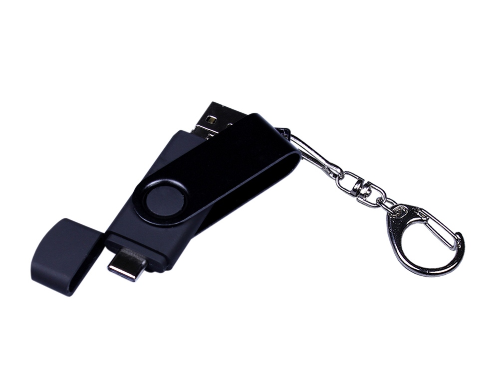 USB-флешка на 32 Гб 3 в 1 поворотный механизм, c двумя дополнительными разъемами MicroUSB и TypeC C с одноцветным металлическим клипом, черный
