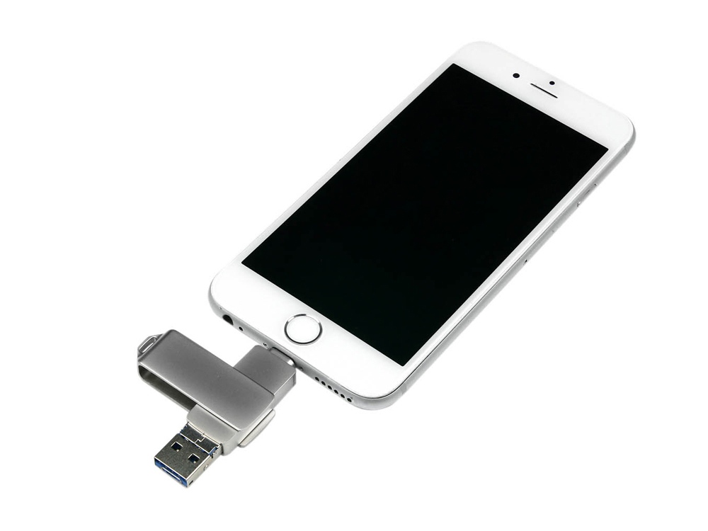 USB-флешка на 64 Гб, интерфейс USB3.0, поворотный механизм,c дополнительными разъемами для I-phone Lightning и Micro USB,  полностью металлический корпус, серебро