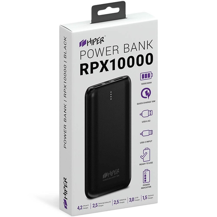 Универсальный аккумулятор RPX10000, QC3.0, PD, TYPE C, емкость 10000 мАч, черный Универсальный аккумулятор RPX10000, QC3.0, PD, TYPE C, емкость 10000 мАч, черный