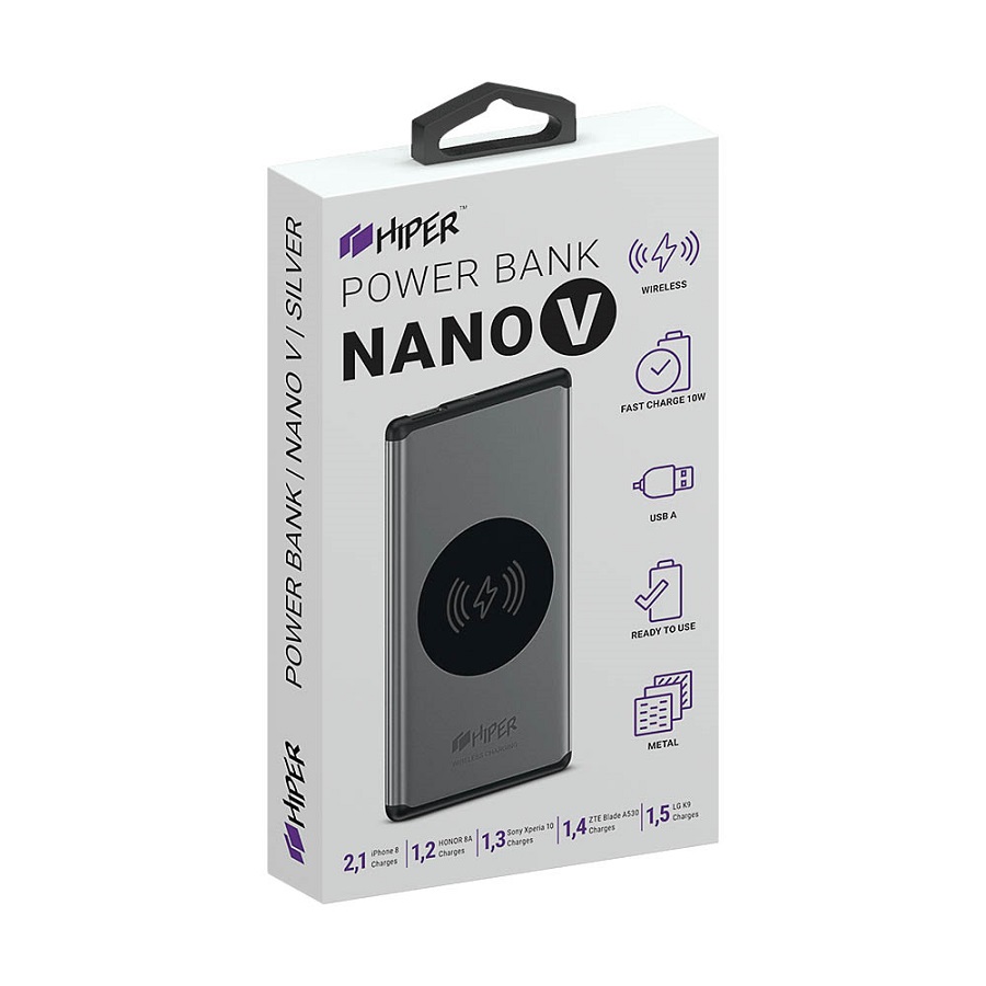 Универсальный аккумулятор NANO V Silver 5000 мАч, с беспроводной зарядкой в алюминиевом корпусе Универсальный аккумулятор NANO V Silver 5000 мАч, с беспроводной зарядкой в алюминиевом корпусе