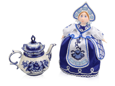 Набор Гжель: кукла на чайник, чайник заварной с росписью Набор Гжель: кукла на чайник, чайник заварной с росписью
