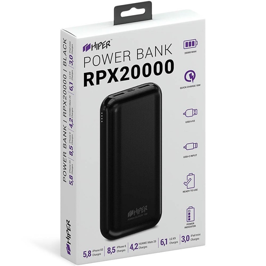 Универсальный аккумулятор RPX20000, QC3.0, PD, TYPE C, емкость 20000 мАч, черный Универсальный аккумулятор RPX20000, QC3.0, PD, TYPE C, емкость 20000 мАч, черный